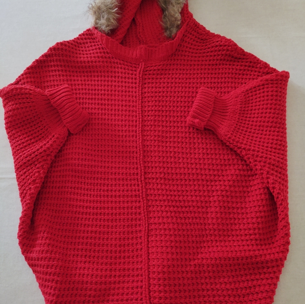Waffle-Knit ♥️ Red Hoodie-Sweater + Faux-Fur Trim~ 1 Size Fit